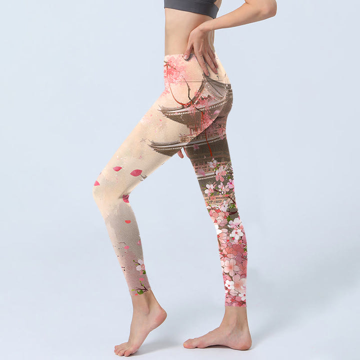 Leggings de fitness con estampado de edificios antiguos, sakura y Buddha Stones, pantalones de yoga para mujer - image 2