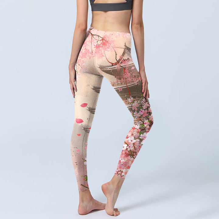 Leggings de fitness con estampado de edificios antiguos, sakura y Buddha Stones, pantalones de yoga para mujer - image 5