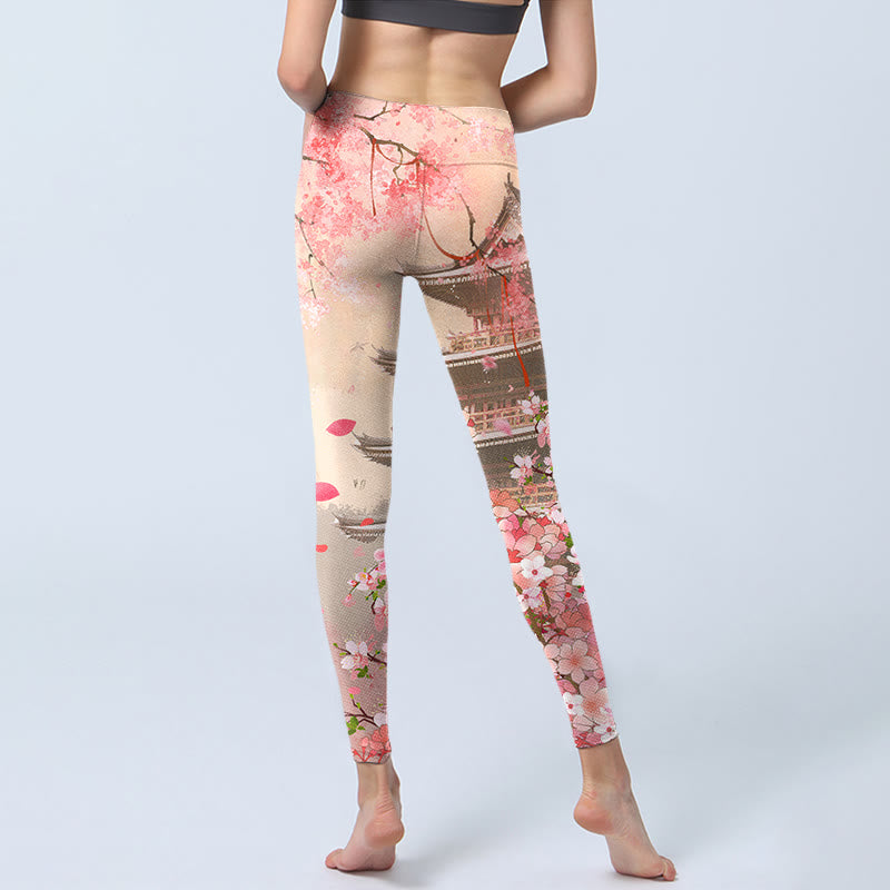 Leggings de fitness con estampado de edificios antiguos, sakura y Buddha Stones, pantalones de yoga para mujer - image 6