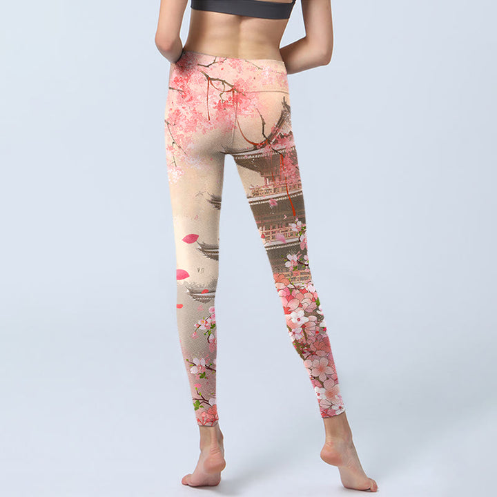 Leggings de fitness con estampado de edificios antiguos, sakura y Buddha Stones, pantalones de yoga para mujer - image 6