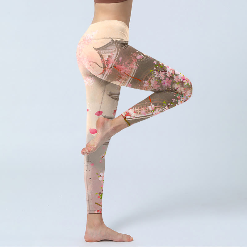 Leggings de fitness con estampado de edificios antiguos, sakura y Buddha Stones, pantalones de yoga para mujer - image 3