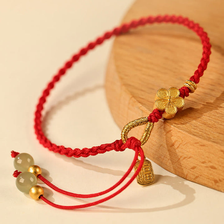 Buddha Stones Pulsera de hilo con amuleto de la suerte con personaje Fu en flor de melocotón pequeña de jade de Hetian - image 2