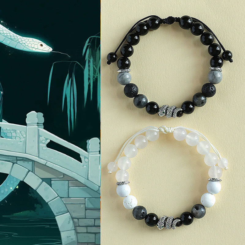 Pulsera de protección del año de la serpiente con Buddha Stones, ónix negro, piedra brillante negra, ágata blanca y turquesa blanca