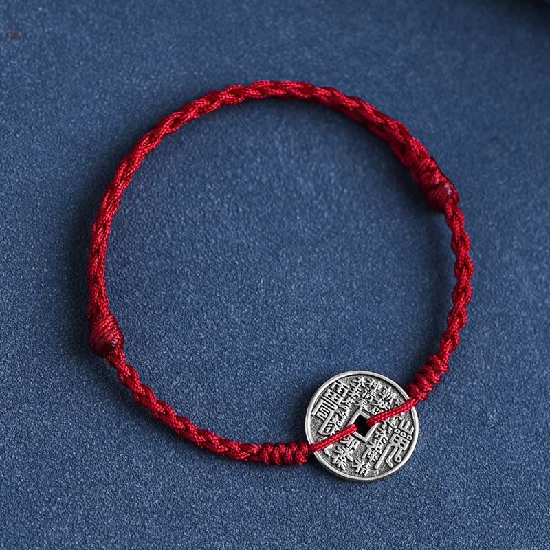 Pulsera trenzada con protección de monedas de plata de ley 925 con Buddha Stones - Cuerda de color rojo oscuro - Tobillera (Circunferencia 18-30 cm) - image 2