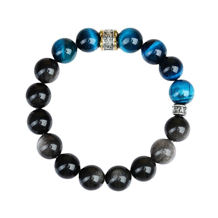 Pulsera de fuerza con obsidiana plateada y ojo de tigre azul y Buddha Stones
