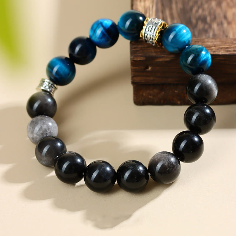 Pulsera de fuerza con obsidiana plateada y ojo de tigre azul y Buddha Stones