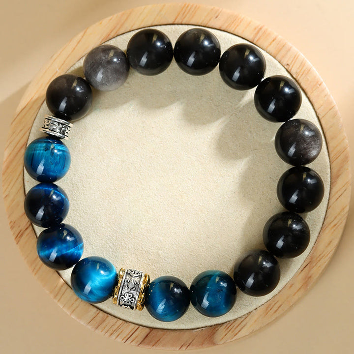 Pulsera de fuerza con obsidiana plateada y ojo de tigre azul y Buddha Stones