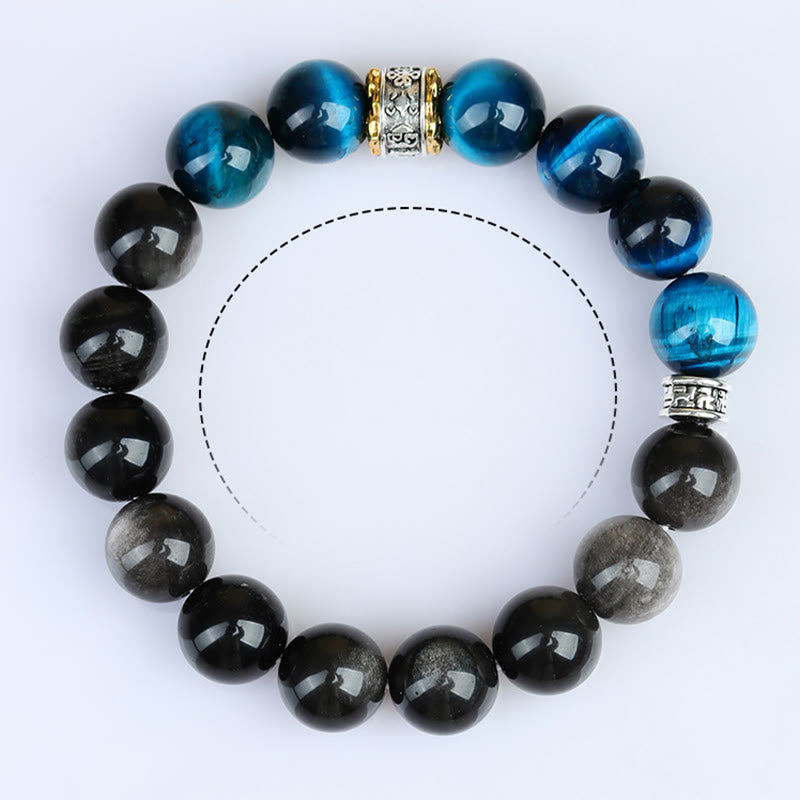 Pulsera de fuerza con obsidiana plateada y ojo de tigre azul y Buddha Stones
