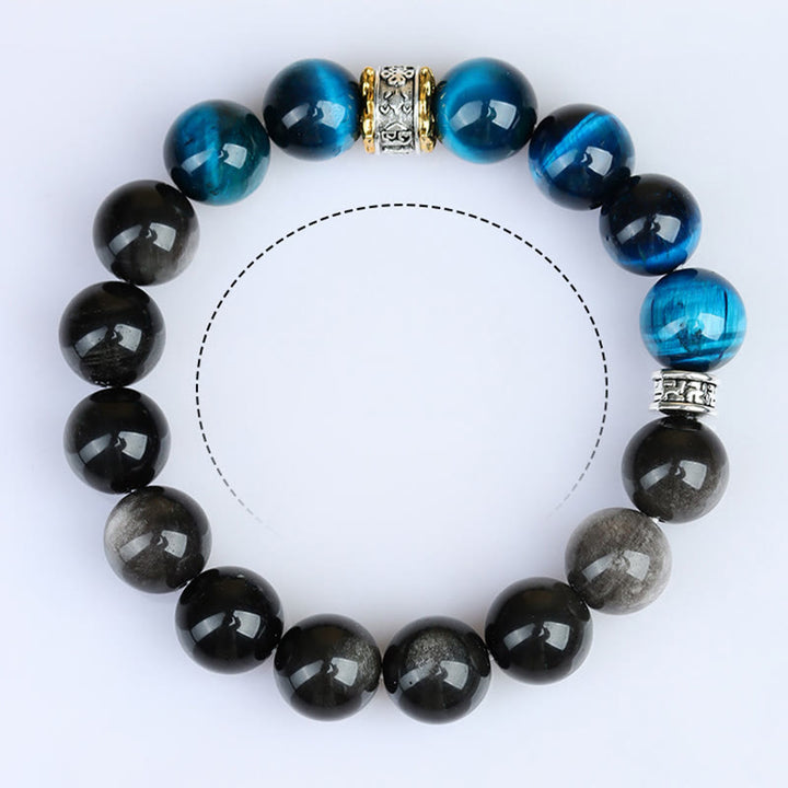 Pulsera de fuerza con obsidiana plateada y ojo de tigre azul y Buddha Stones