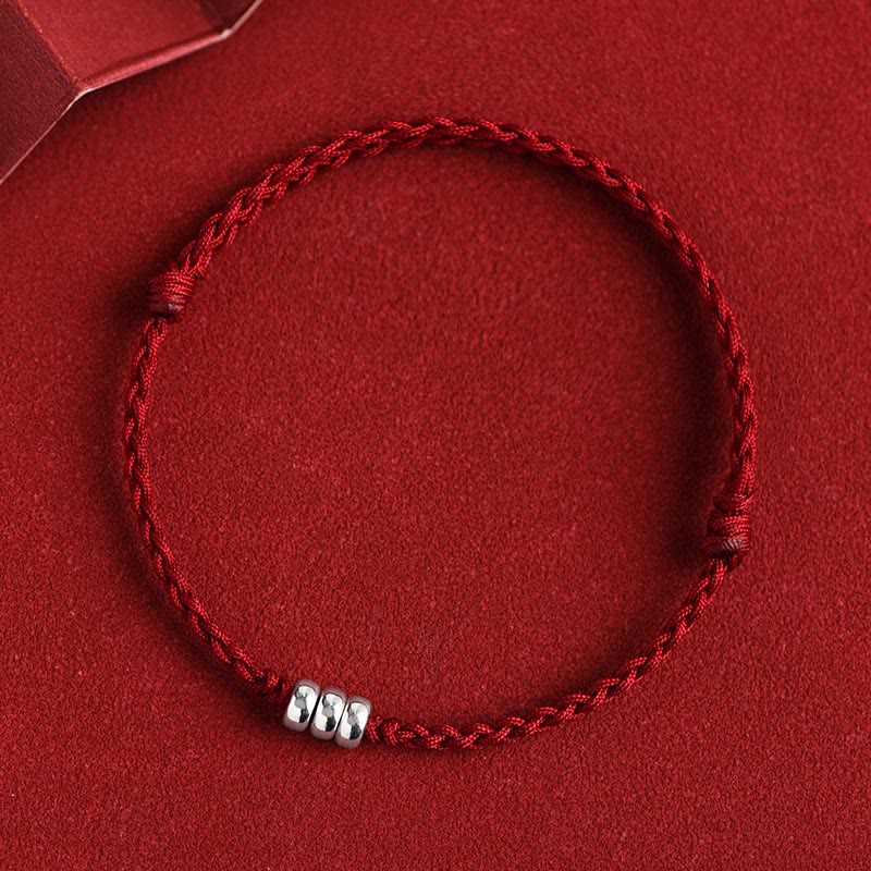 Pulsera trenzada para tobillo con cuentas de plata de ley 925 y Buddha Stones que protegen la suerte - Cuerda de color rojo oscuro - Pulsera (circunferencia de la muñeca: 15-20 cm) - image 1