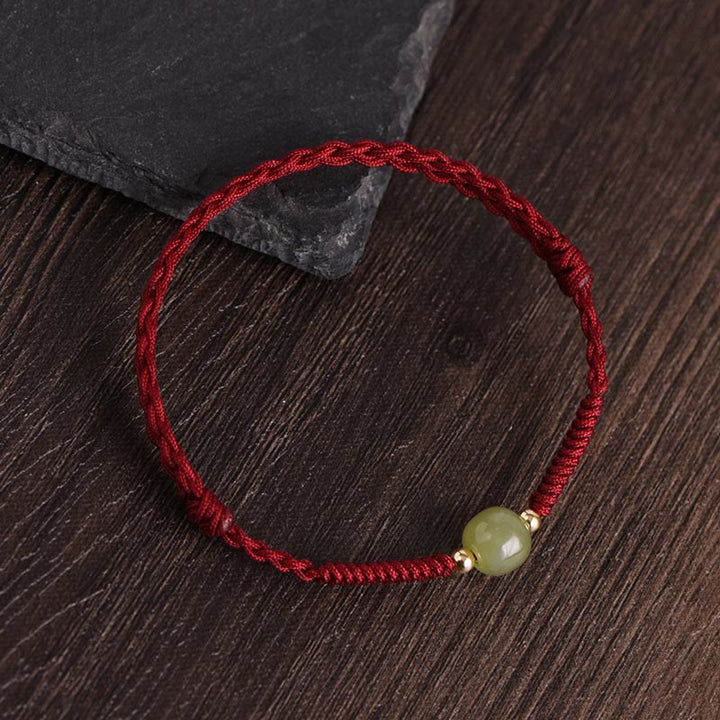 Pulsera trenzada para tobillo con cuentas de oro 999 y jade hetiano natural de Buddha Stones - Cuerda roja oscura - Cuentas de jade hetiano en oro de 14 k - Tobillera (circunferencia 17-30cm) - image 1