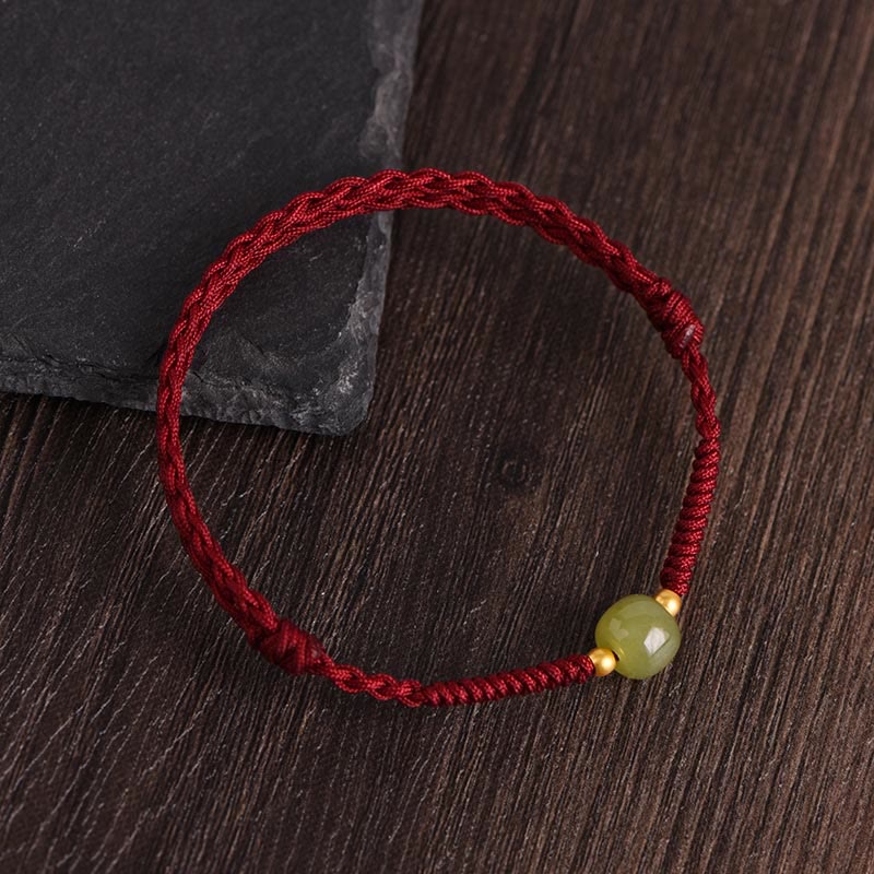 Pulsera trenzada para tobillo con cuentas de oro 999 y jade hetiano natural de Buddha Stones - Cuerda roja oscura - Cuentas de oro de jade Hetian 999 - Tobillera (circunferencia 17-30 cm) - image 2
