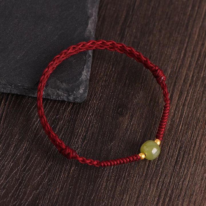Pulsera trenzada para tobillo con cuentas de oro 999 y jade hetiano natural de Buddha Stones - Cuerda roja oscura - Cuentas de oro de jade Hetian 999 - Tobillera (circunferencia 17-30 cm) - image 2