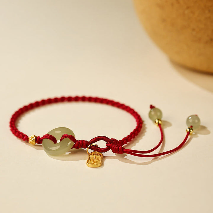 Pulsera trenzada de la suerte con hilo rojo y hebilla de paz de jade hetiano natural y Buddha Stones