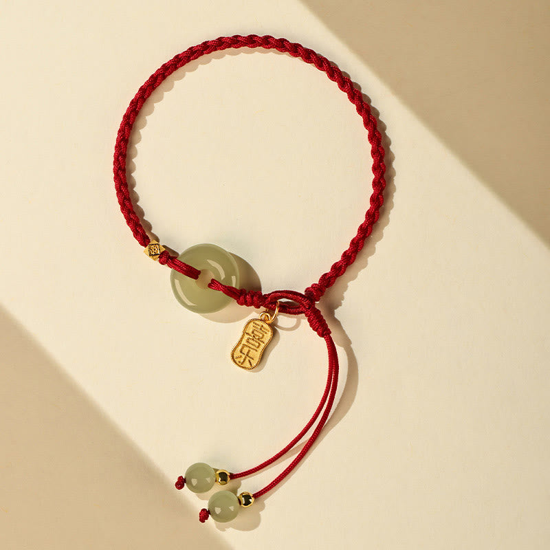 Pulsera trenzada de la suerte con hilo rojo y hebilla de paz de jade hetiano natural y Buddha Stones
