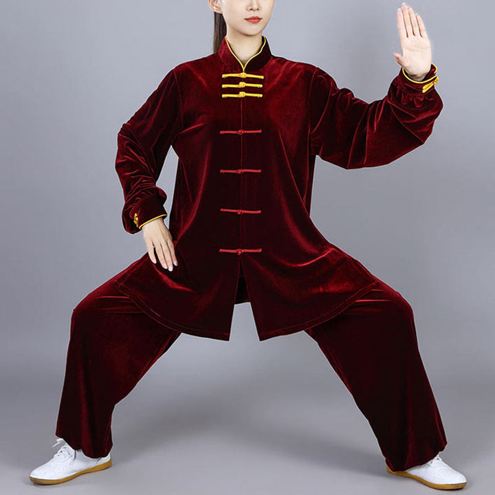 Conjunto de 2 piezas de ropa de terciopelo unisex con botones de rana para meditación y práctica de tai chi y qigong de Buddha Stones para otoño e invierno - Rojo oscuro - 3XL- APTO PARA US . UK/ AU/UE - XL - image 2