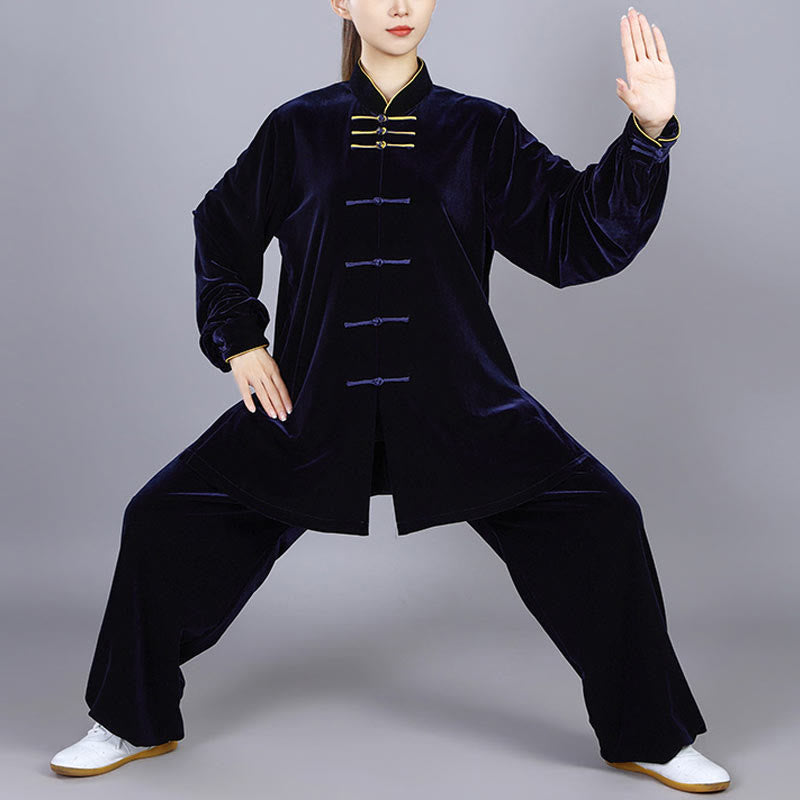 Conjunto de 2 piezas de ropa de terciopelo unisex con botones de rana para meditación y práctica de tai chi y qigong de Buddha Stones para otoño e invierno - Azul medianoche - 3XL- APTO PARA US./ UK/AU/ EU- XL - image 0