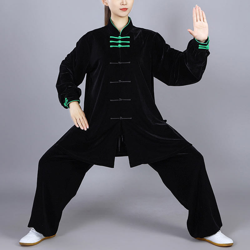 Conjunto de 2 piezas de ropa de terciopelo unisex con botones de rana para meditación y práctica de tai chi y qigong de Buddha Stones para otoño e invierno - Negro - 3XL- APTO PARA US . UK/ AU/UE - XL - image 17