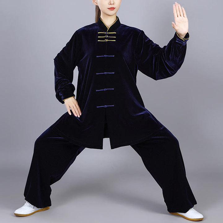 Conjunto de 2 piezas de ropa de terciopelo unisex con botones de rana para meditación y práctica de tai chi y qigong de Buddha Stones para otoño e invierno - Azul medianoche - 3XL- APTO PARA US . UK/ AU/UE - XL - image 0