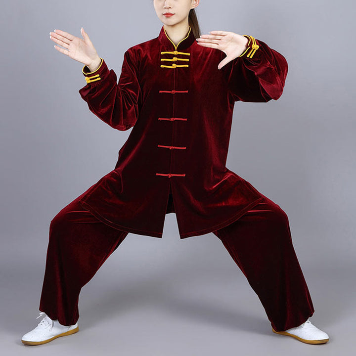 Conjunto de 2 piezas de ropa de terciopelo unisex con botones de rana para meditación y práctica de tai chi y qigong de Buddha Stones para otoño e invierno - image 3