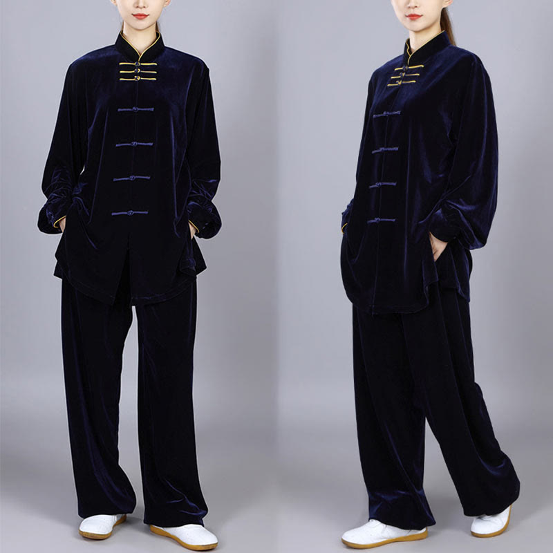 Conjunto de 2 piezas de ropa de terciopelo unisex con botones de rana para meditación y práctica de tai chi y qigong de Buddha Stones para otoño e invierno - image 1