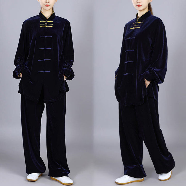 Conjunto de 2 piezas de ropa de terciopelo unisex con botones de rana para meditación y práctica de tai chi y qigong de Buddha Stones para otoño e invierno - image 1