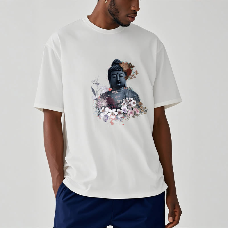 Camiseta con estampado de Buda y Buddha Stones de colores y flores alrededor - image 2