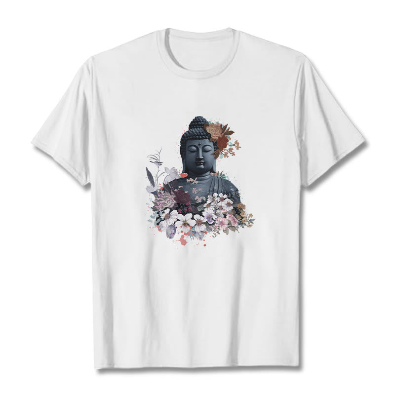 Camiseta con estampado de Buda y Buddha Stones de colores y flores alrededor - Blanco - 2XL - image 1