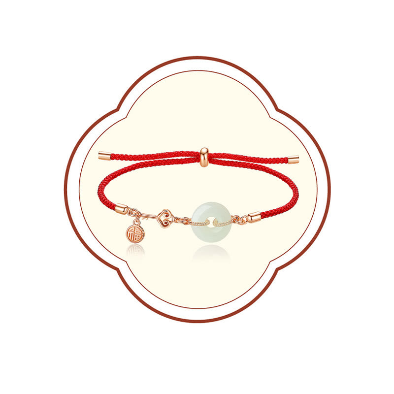Pulsera de protección de la suerte con carácter Fu de hilo rojo de plata de ley 925 con hebilla de paz de jade hetiano natural y Buddha Stones