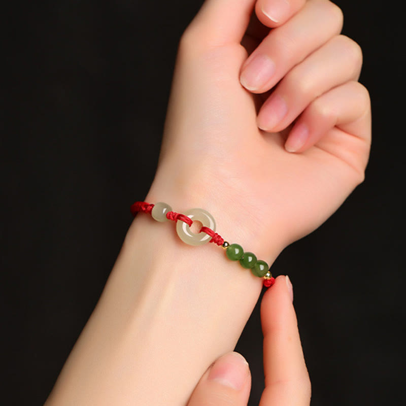 Pulsera de protección de la suerte con hilo rojo y hebilla de paz de jade hetiano natural con Buddha Stones