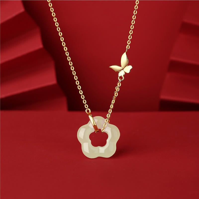 Collar con colgante de plata de ley 925 con Buddha Stones y flor de jade hetiano y mariposa - chapado en oro de 22 quilates - image 0