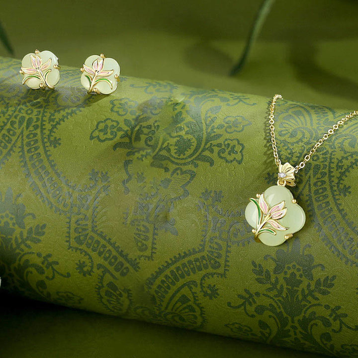 Buddha Stones 925 con diseño de mariposa magnolia y trébol de cuatro hojas de jade hetiano - image 11