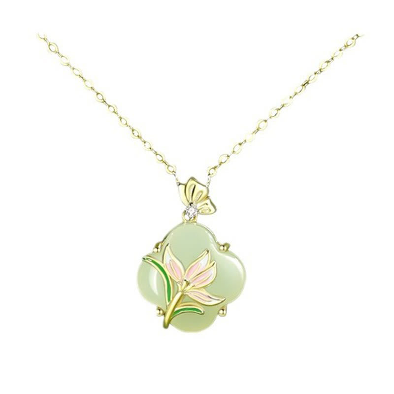 Buddha Stones 925 con diseño de mariposa magnolia y trébol de cuatro hojas de jade hetiano - image 1