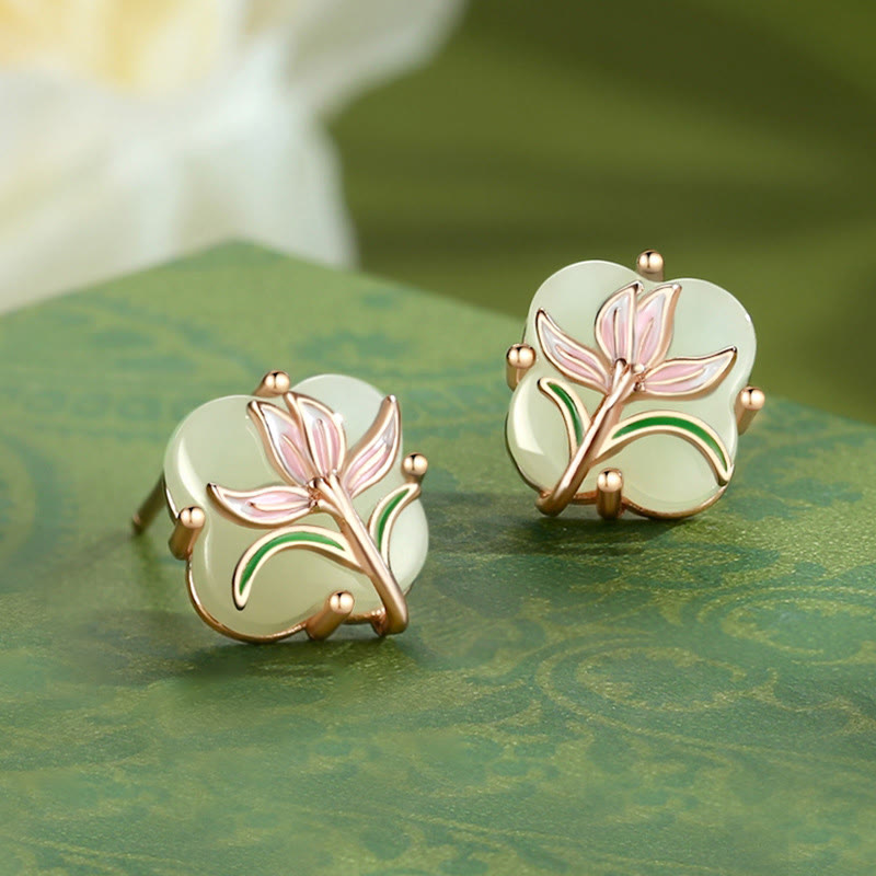 Buddha Stones 925 con diseño de mariposa magnolia y trébol de cuatro hojas de jade hetiano - Pendientes de jade Hetian - Plata de ley 925 bañada en oro rosa - image 10