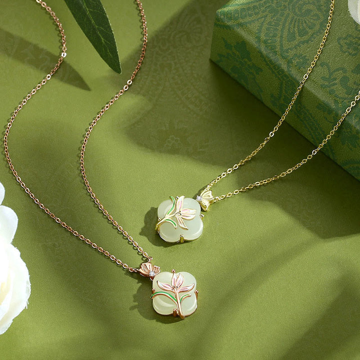 Buddha Stones 925 con diseño de mariposa magnolia y trébol de cuatro hojas de jade hetiano - image 8