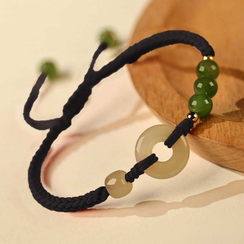 Pulsera de protección de la suerte con hilo rojo y hebilla de paz de jade hetiano natural con Buddha Stones