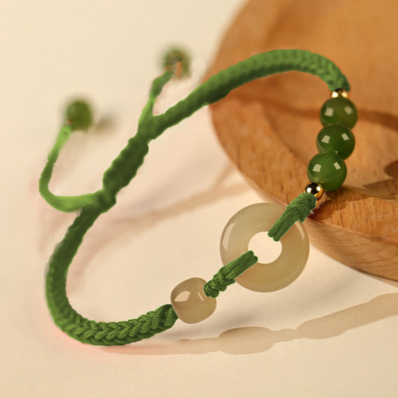 Pulsera de protección de la suerte con hilo rojo y hebilla de paz de jade hetiano natural con Buddha Stones
