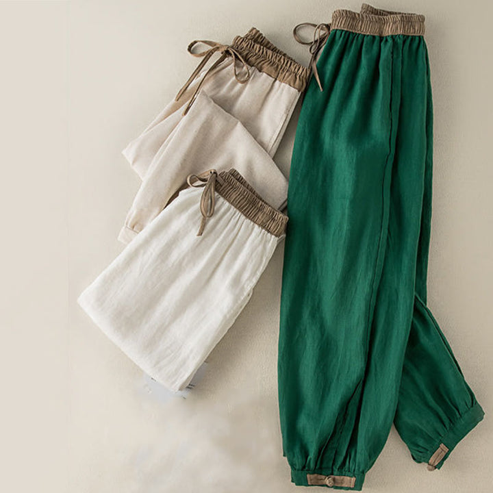 Pantalones harén de algodón liso con cordón y bolsillos para mujer con Buddha Stones - image 9