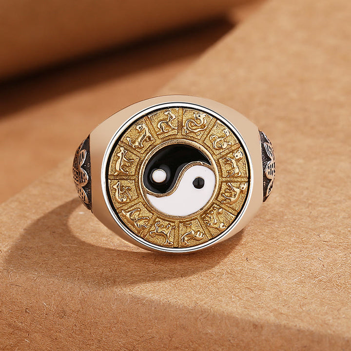 Anillo ajustable de cobre con Buddha Stones y Yin Yang del zodiaco chino