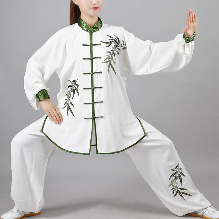 Conjunto de 2 piezas de ropa unisex de algodón con diseño de Buddha Stones bordada con hojas de bambú verde otoñal y botón de rana para meditación de tai chi, qigong y práctica zen - Blanco - 3XL - AJUSTE A LA XL DE EE. US./ UK/AU/ EU - image 0