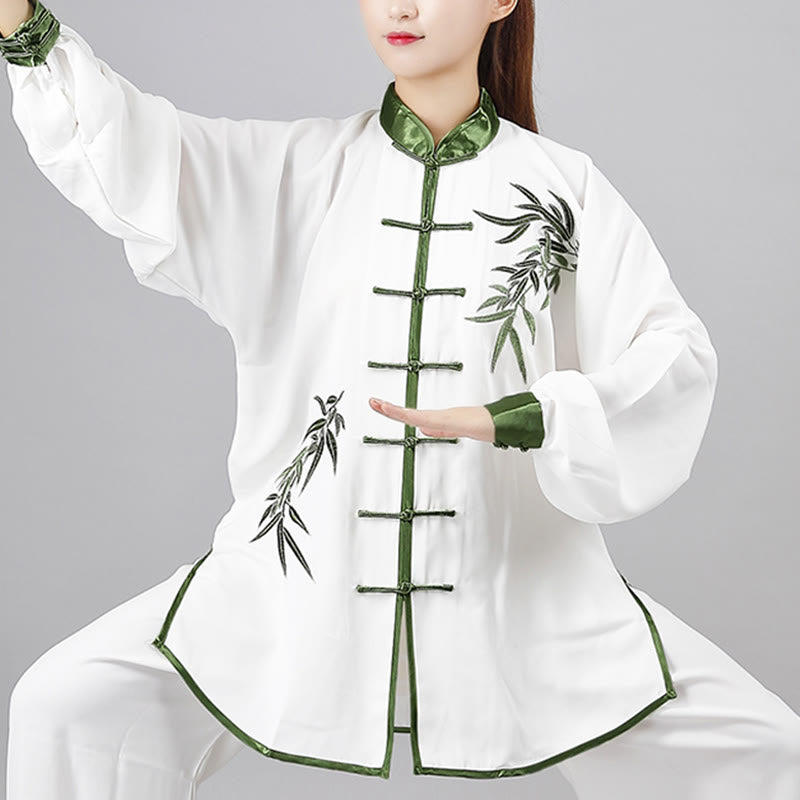 Conjunto de 2 piezas de ropa unisex de algodón con diseño de Buddha Stones bordada con hojas de bambú verde otoñal y botón de rana para meditación de tai chi, qigong y práctica zen - image 1