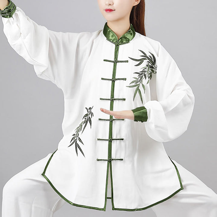 Conjunto de 2 piezas de ropa unisex de algodón con diseño de Buddha Stones bordada con hojas de bambú verde otoñal y botón de rana para meditación de tai chi, qigong y práctica zen - image 1