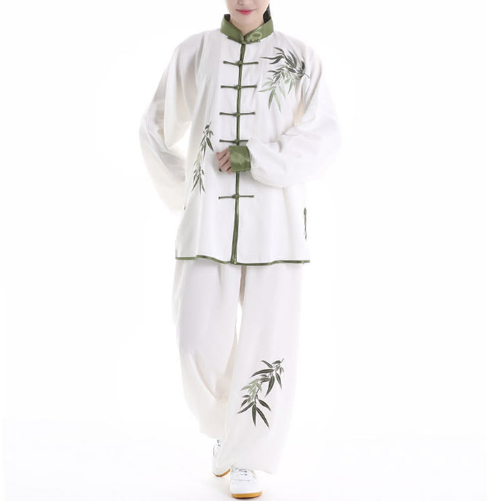 Conjunto de 2 piezas de ropa unisex de algodón con diseño de Buddha Stones bordada con hojas de bambú verde otoñal y botón de rana para meditación de tai chi, qigong y práctica zen - image 3