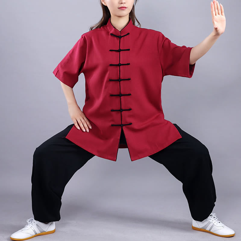 Conjunto de ropa unisex de lino y algodón con diseño de rana y Buddha Stones, para meditación, tai chi, qigong y zen, otoño e invierno, 2 unidades - Manga corta color rojo vino - 3XL- APTO PARA US./ UK/AU/ EU- XL - image 11