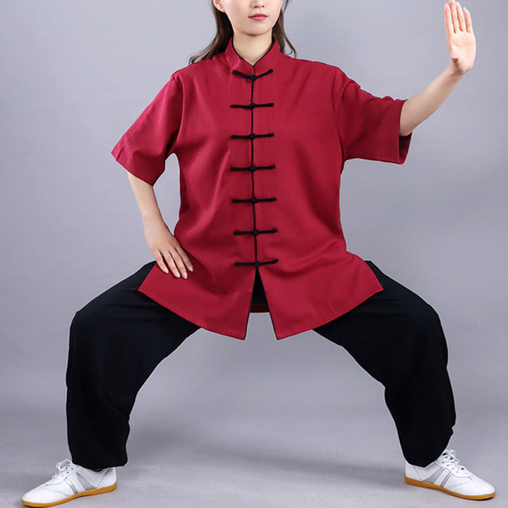 Conjunto de ropa unisex de lino y algodón con diseño de rana y Buddha Stones, para meditación, tai chi, qigong y zen, otoño e invierno, 2 unidades - Manga corta color rojo vino - 3XL- APTO PARA US./ UK/AU/ EU- XL - image 11