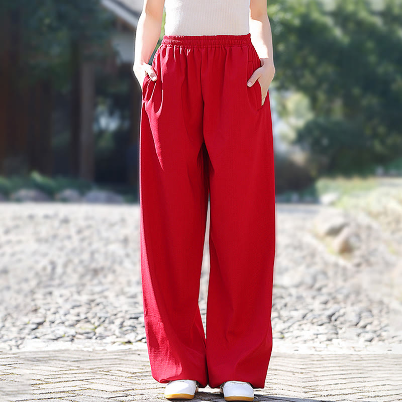 Pantalones de algodón y lino con forro polar y bolsillos unisex con cintura elástica para práctica de tai chi y qigong de Buddha Stones para otoño e invierno - Rojo - 3XL - AJUSTE A LA XL DE EE. US./ UK/AU/ EU - image 5