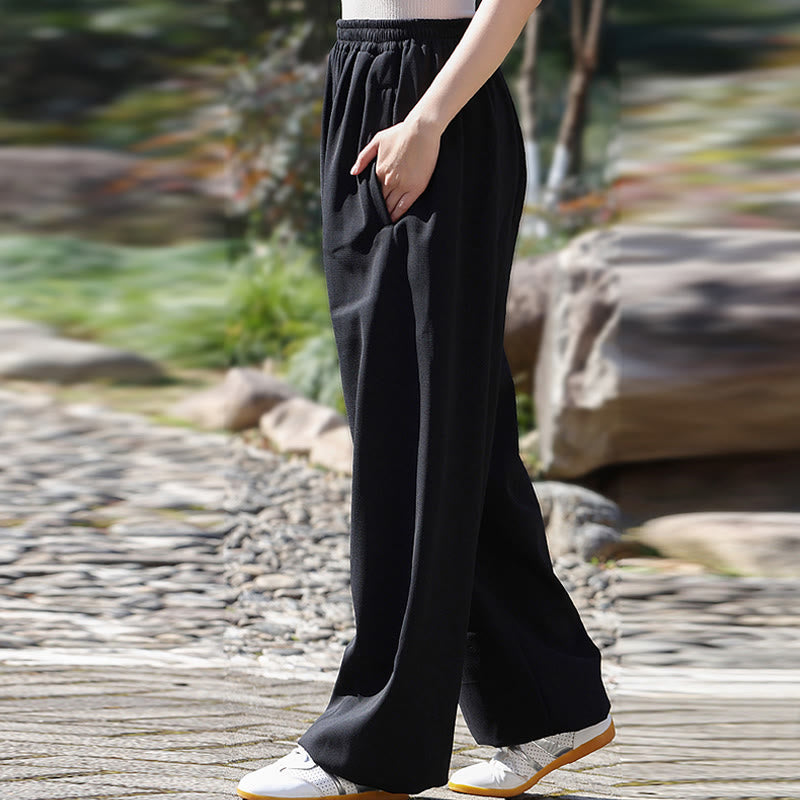 Pantalones de algodón y lino con forro polar y bolsillos unisex con cintura elástica para práctica de tai chi y qigong de Buddha Stones para otoño e invierno - image 15