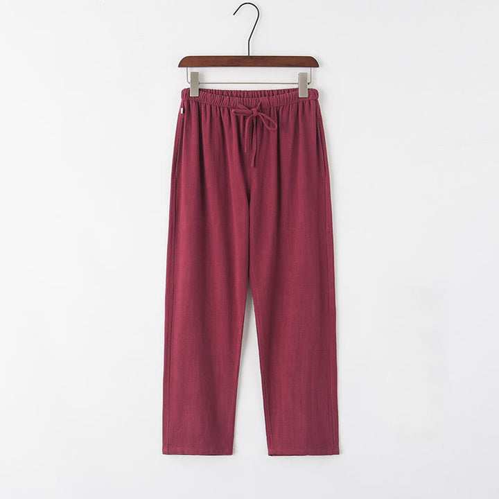 Pantalones de lino con cordón y bolsillos para hombre de color liso con Buddha Stones para primavera y verano - Rojo indio - US/UK/AU44, EU54 (4XL) - image 11
