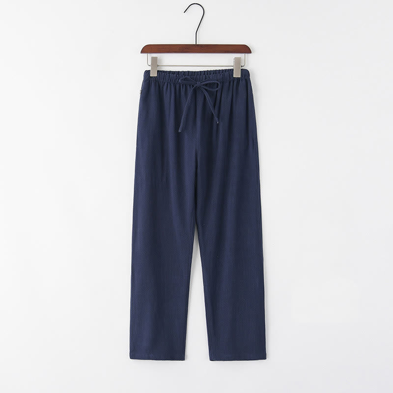 Pantalones de lino con cordón y bolsillos para hombre de color liso con Buddha Stones para primavera y verano - Azul acero - US/UK/AU44, EU54 (4XL) - image 4