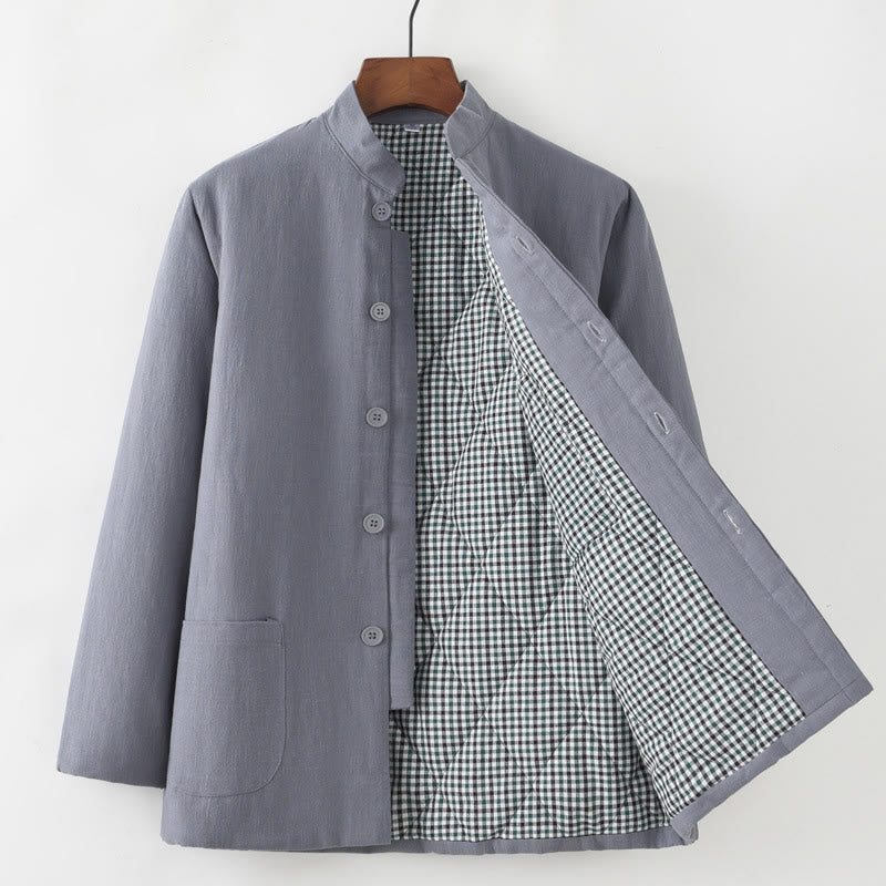 Traje de espiga con botones de rana para hombre de invierno con Buddha Stones, chaqueta y camisa con forro polar de algodón y lino con bolsillos - Gris - Botón abajo - US/UK/AU44, EU54 (4XL) - image 3